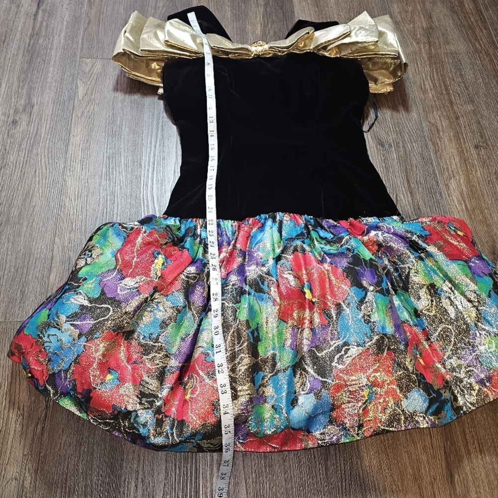 Vintage Morton Myles Saks Velvet Gold Bow Metallic Floral Cocktail Dress Sz S - Picture 14 of 15